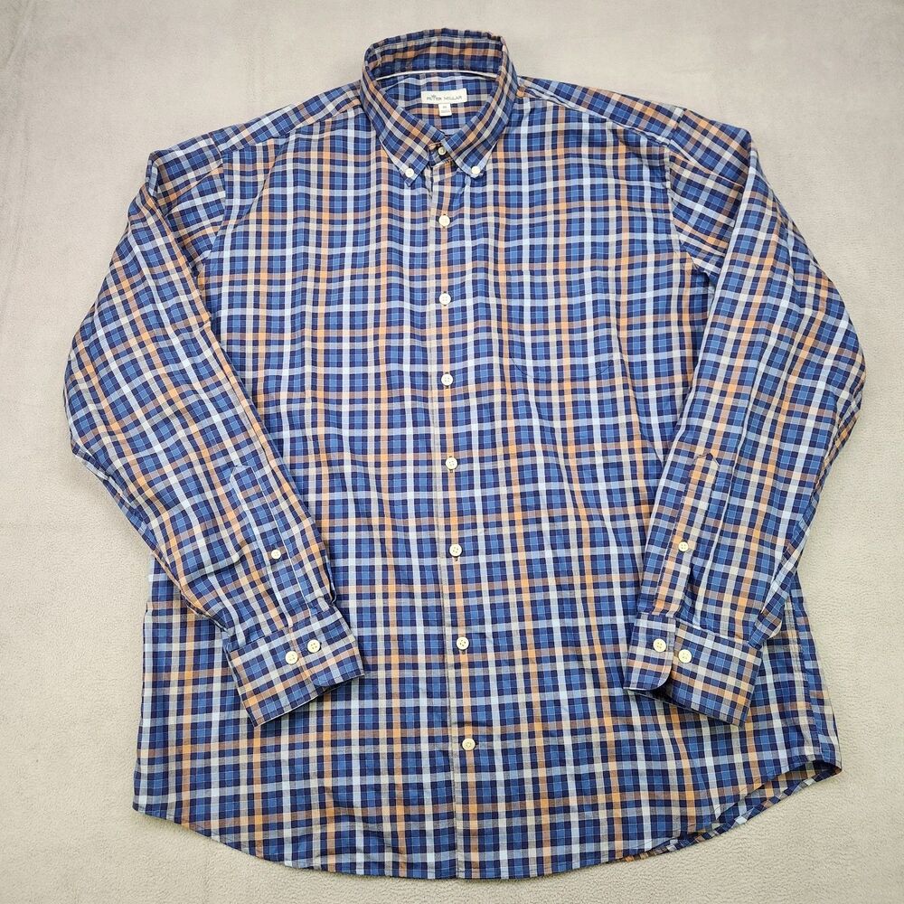 Peter Millar Button Down Shirt Men's XL Blue Plaid‎ Long Sleeve Cotton Pocket